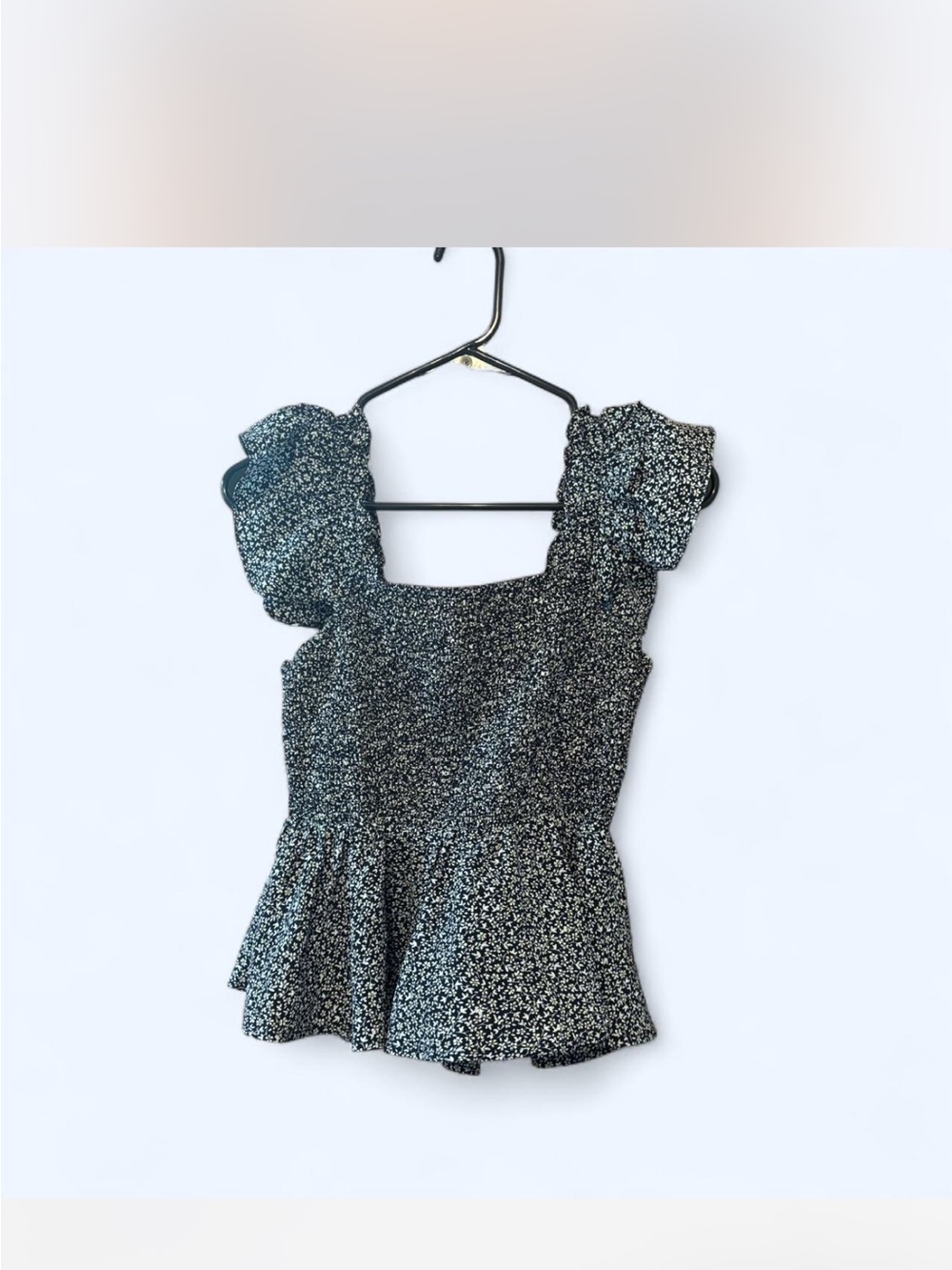 Floral Smocked Square-Neck Peplum Top - Black